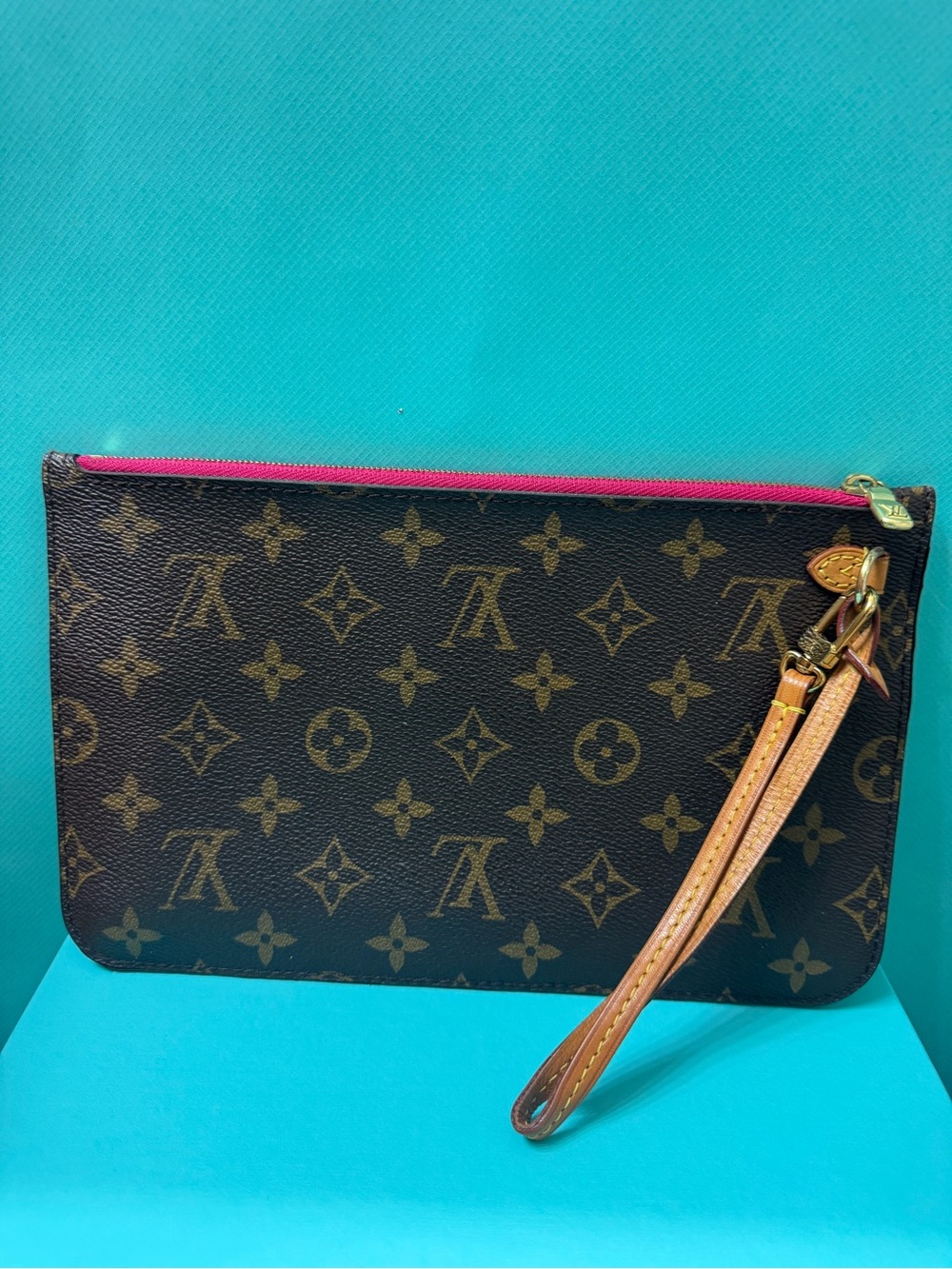 Louis Vuitton Brown Monogram Clutch with Pink Zip and Vachetta Wristlet